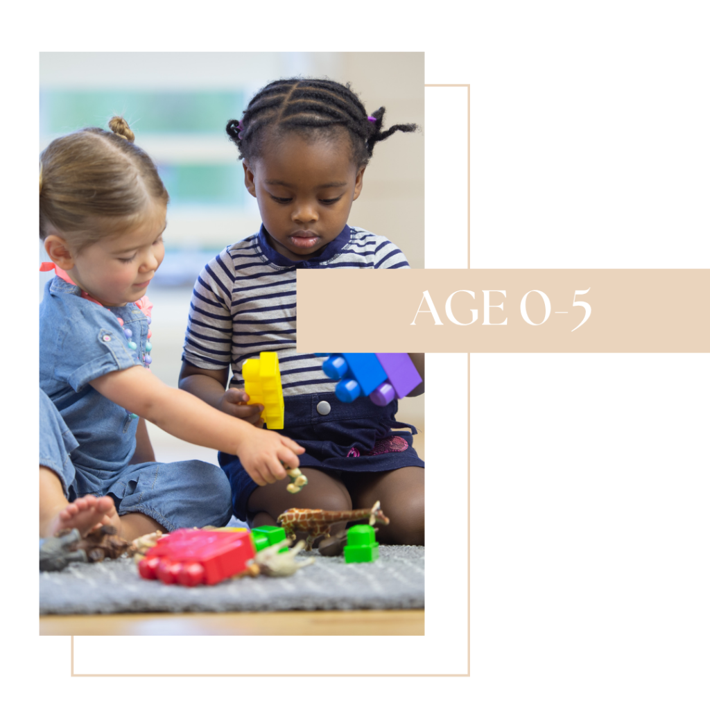 Two young children playing with colorful building blocks on a play mat, labeled 'AGE 0-5'.